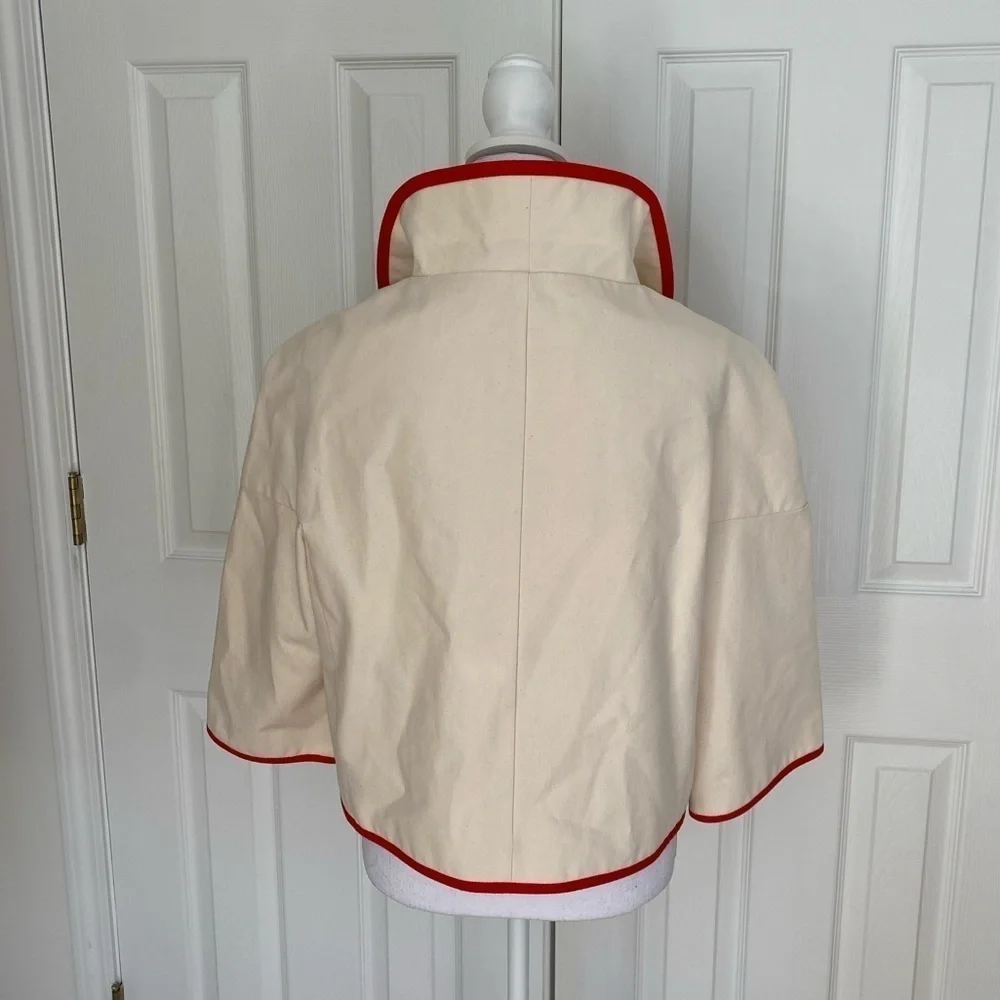 Kate Spade- NWOT Ivory Canvas Cropped Jacket with Red Piping Trim